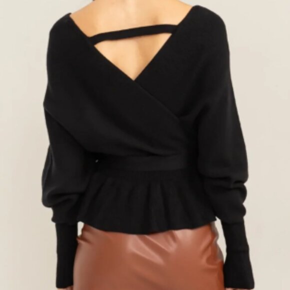 Long Sleeve Tiered Hen Wrap Front Knit Sweater with Crisscross Back Detail Top - Picture 2 of 2